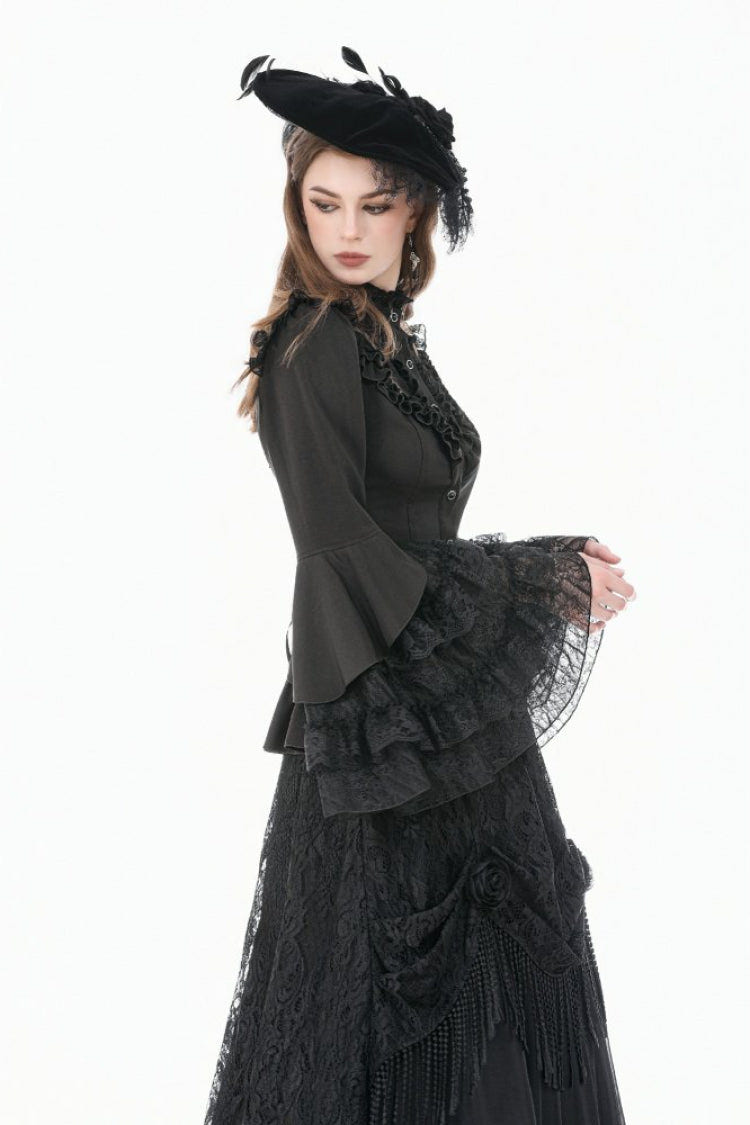 Black Stand Collar Long Trumpet Sleeves Multi-Layered Ruffled Lace Patchwork Lace-Up Women's Victorian Gothic Blouse - Product - 6