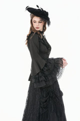 Black Stand Collar Long Trumpet Sleeves Multi-Layered Ruffled Lace Patchwork Lace-Up Women's Victorian Gothic Blouse - Product - 6