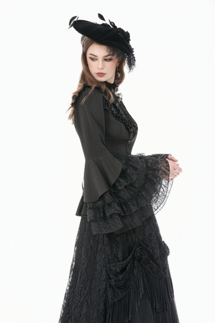 Black Stand Collar Long Trumpet Sleeves Multi-Layered Ruffled Lace Patchwork Lace-Up Women's Victorian Gothic Blouse - Product - 6