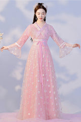 Pink Sunflower Embroidered Trumpet Sleeves Sweet Hanfu Dress - Product - 2