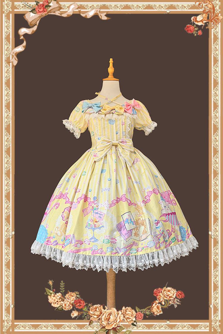Yellow [Macarons Dolly House] Square Collar Short Lantern Sleeves Printed Bow Sweet Lolita Dress - Yellow - 1