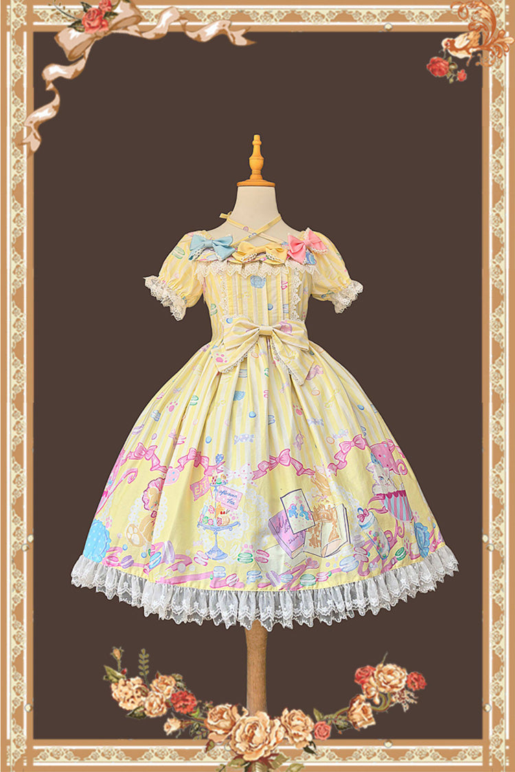 Yellow [Macarons Dolly House] Square Collar Short Lantern Sleeves Printed Bow Sweet Lolita Dress - Yellow - 1