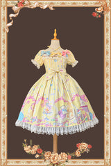 Yellow [Macarons Dolly House] Square Collar Short Lantern Sleeves Printed Bow Sweet Lolita Dress - Yellow - 1