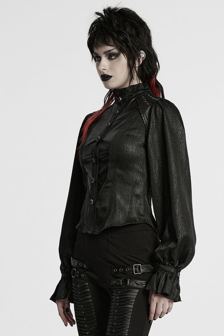 Black Stand Collar Long Puff Sleeves Faux Leather Stitching Women's Gothic Blouse - Product - 2