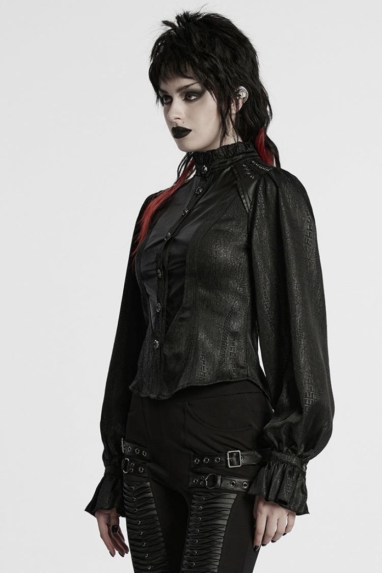 Black Stand Collar Long Puff Sleeves Faux Leather Stitching Women's Gothic Blouse - Product - 2