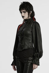 Black Stand Collar Long Puff Sleeves Faux Leather Stitching Women's Gothic Blouse - Product - 2