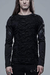 Black Long Sleeve Leather Strap Decoration Broken Holes Knit Men's Punk T-Shirt - Black - 1