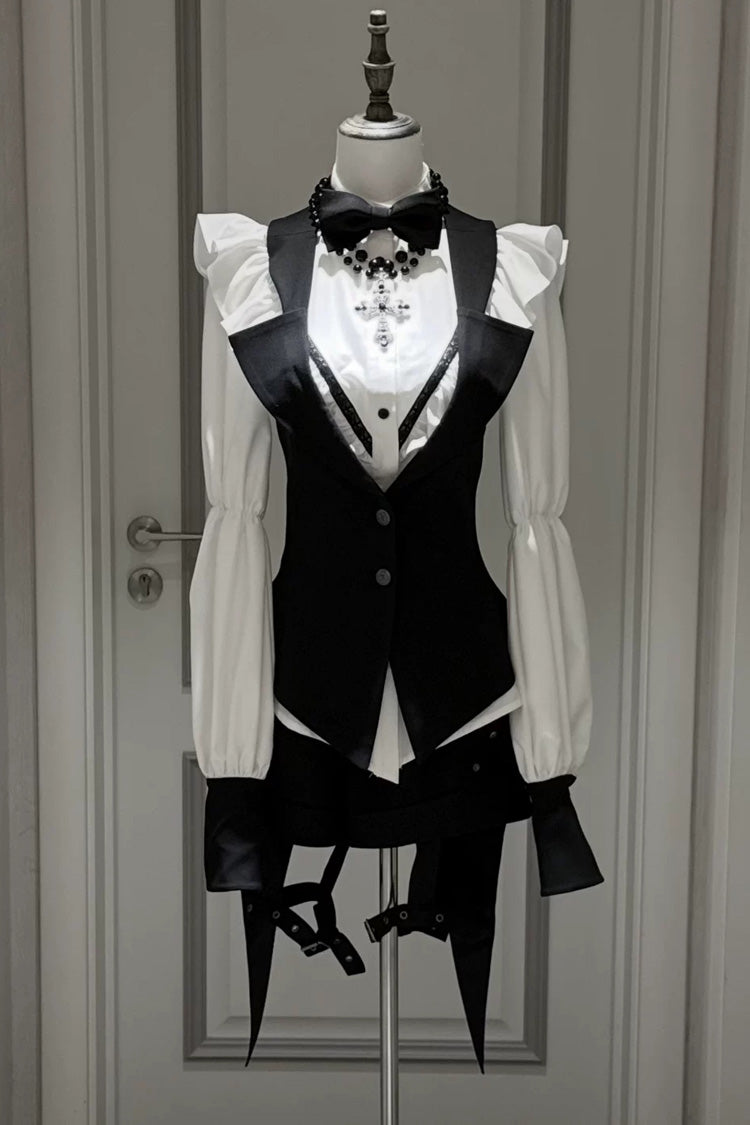 Black/White Stand Collar Long Sleeves Bowknot Gothic Prince Ouji Lolita Blouse Shorts Swallowtail Vest Set - Product - 4