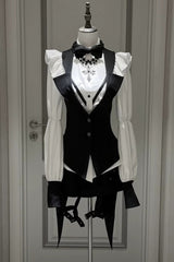 Black/White Stand Collar Long Sleeves Bowknot Gothic Prince Ouji Lolita Blouse Shorts Swallowtail Vest Set - Product - 4