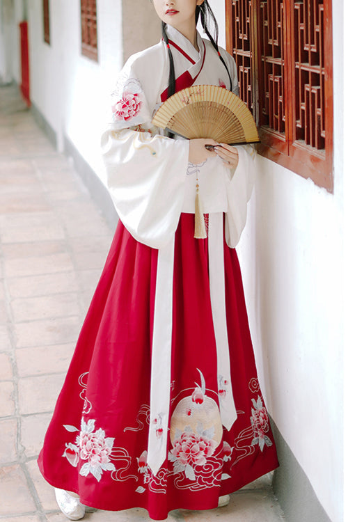 Red/White Chinese Style Ming Dynasty Ancient Costume Cross Collar Handmade Embroidery Sweet Hanfu Dress Two Piece - Red/White - 1