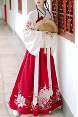 Red/White Chinese Style Ming Dynasty Ancient Costume Cross Collar Handmade Embroidery Sweet Hanfu Dress Two Piece - Red/White - 1