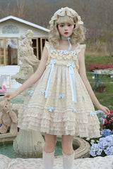 Beige [Little Wind Chime] Sleeveless Multi-Layered Printed Ruffled Bow Lace Sweet Elegant Princess Lolita Jsk Dress - Beige - 1