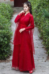 Red Long Sleeves Lace Pearl-Decorated Classic Elegant Hanfu Dress - Product - 3