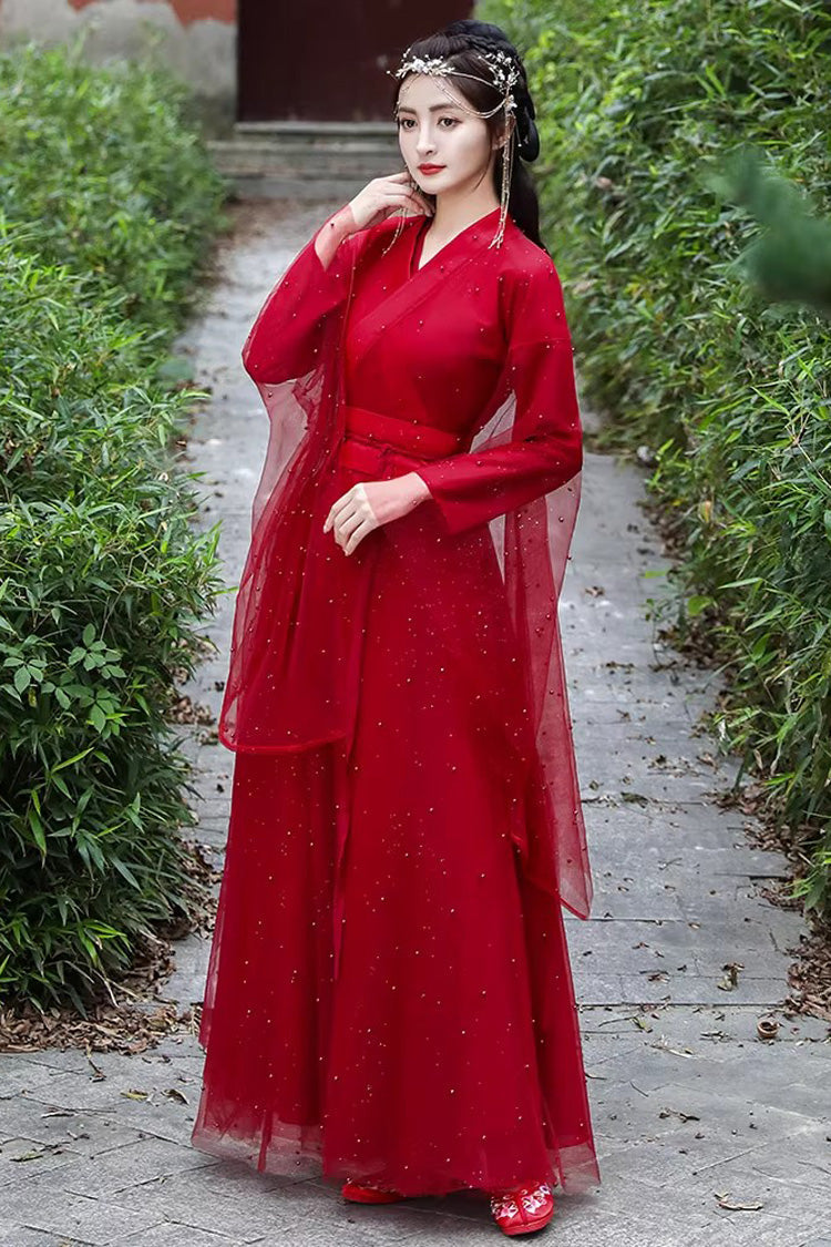 Red Long Sleeves Lace Pearl-Decorated Classic Elegant Hanfu Dress - Product - 3