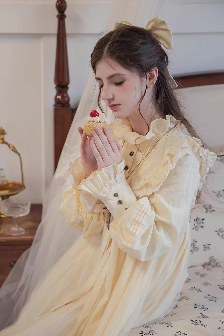 Ivory Long Sleeves Ruffle Bowknot Lace Sweet Lolita Home Wear Nightdress - Product - 7