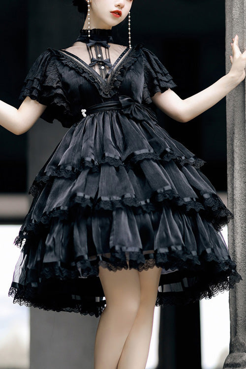 Dark Black Castle Night High Waisted Ruffled Hanayome Gothic Lolita Tiered Dress - Black - 1