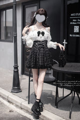 Black Plaid Print Bowknot Sweet Jirai Kei Japanese Skirt - Product - 6