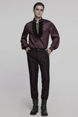 Red Stand Collar Long Sleeves Ruffle Embroidery Lace-Up Plunging Rose Men's Gothic Blouse - Product - 4