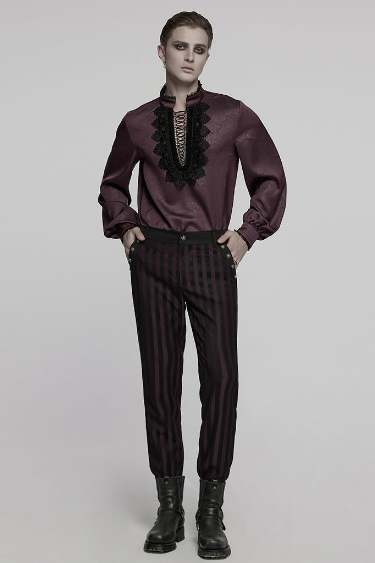 Red Stand Collar Long Sleeves Ruffle Embroidery Lace-Up Plunging Rose Men's Gothic Blouse - Product - 4