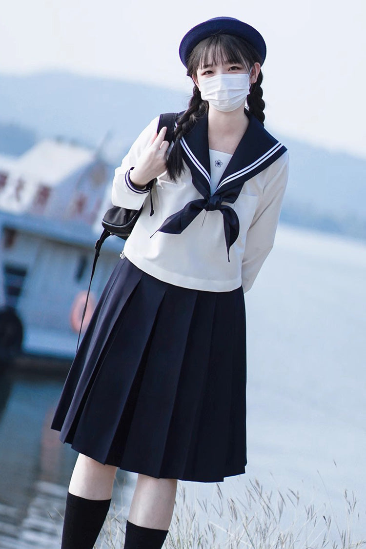 White/Dark Blue Long Sleeves Sweet Japanese School Skirt Set - Product - 16