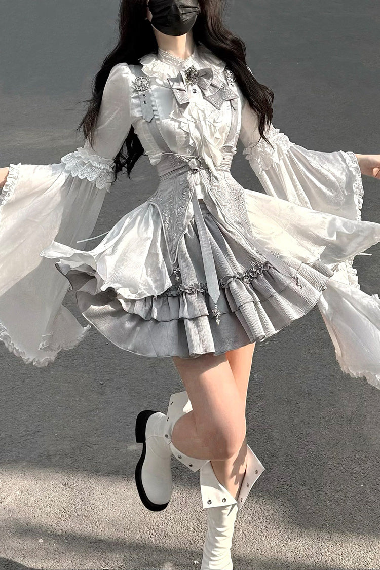 White/Silver [The Silver Key] Long Sleeves Ruffled Embroidered Open-Front Bow Gothic Lolita Skirt Set - Product - 4