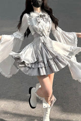 White/Silver [The Silver Key] Long Sleeves Ruffled Embroidered Open-Front Bow Gothic Lolita Skirt Set - Product - 4