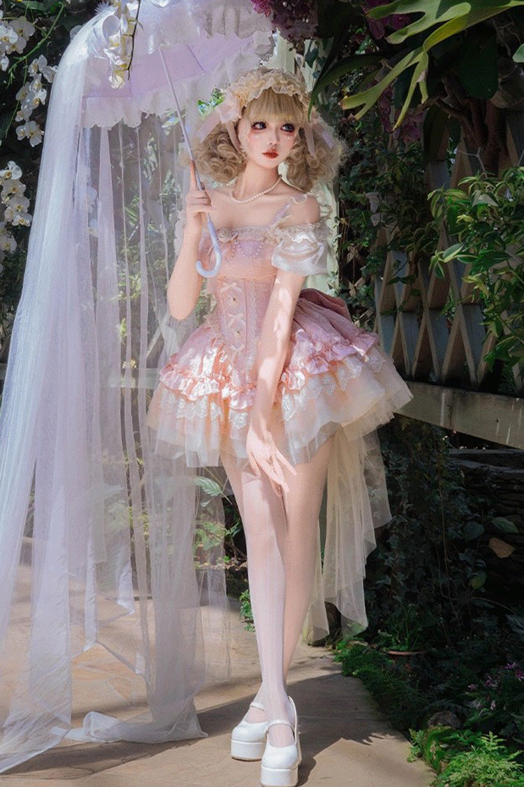 Pink [Fleeting Light and Shallow Dream] Sleeveless Multi-Layered Ruffle Bowknot Lace Slim Sweet Ballet Lolita Jsk Dress - Product - 5