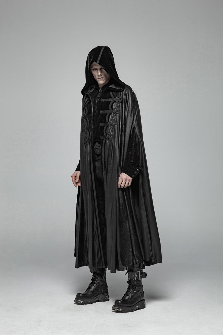 Black Print Embroidery Hooded Mens Gothic Coat Cloak - Product - 3