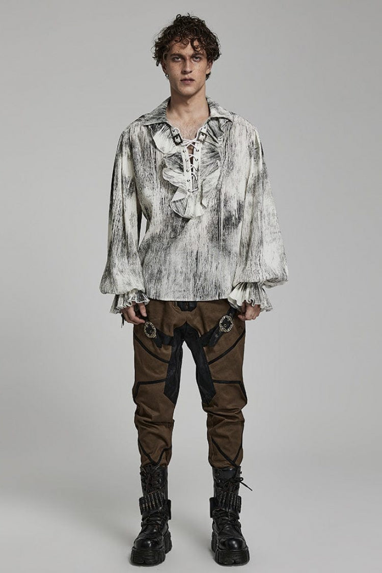 Men's Jacquard V Collar Lantern Sleeves Print Ruffle Gothic Blouse 2 Colors - Product - 9