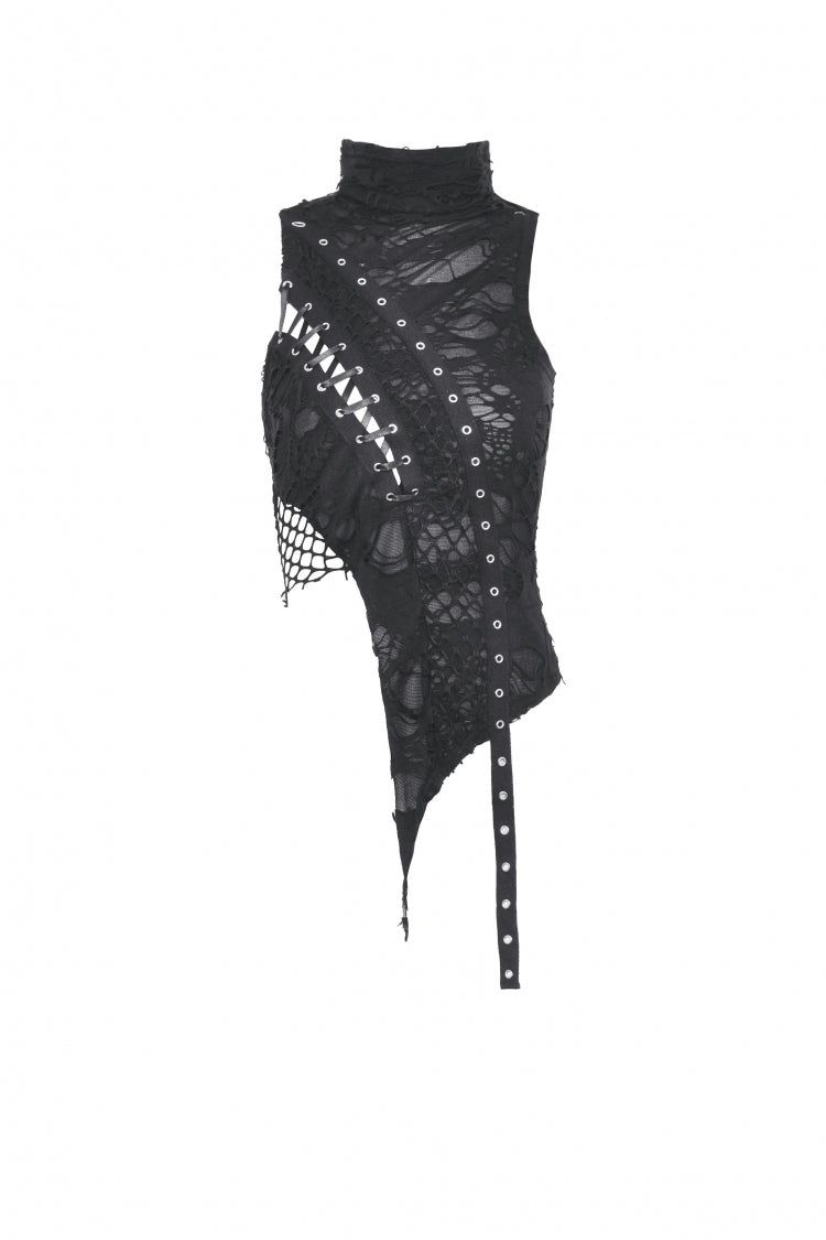 Black High Collar Sleeveless Irregular Asymmetric Lace-Up Eyelet Women's Punk Ripped Tank Top - Product - 3