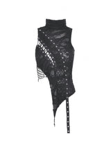 Black High Collar Sleeveless Irregular Asymmetric Lace-Up Eyelet Women's Punk Ripped Tank Top - Product - 3