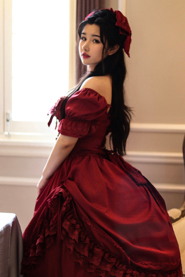 Red Short Puff Sleeves Multi-Layered Ruffle Bowknot Classic Vintage Lolita Dress - Product - 2