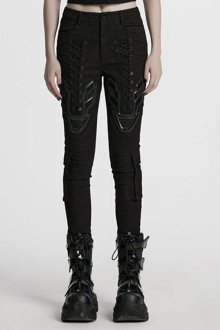 Black Lace-Up Strappy Big-pocket Women's Punk Leggings - Black - 1