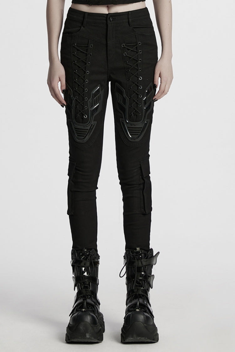 Black Lace-Up Strappy Big-pocket Women's Punk Leggings - Black - 1