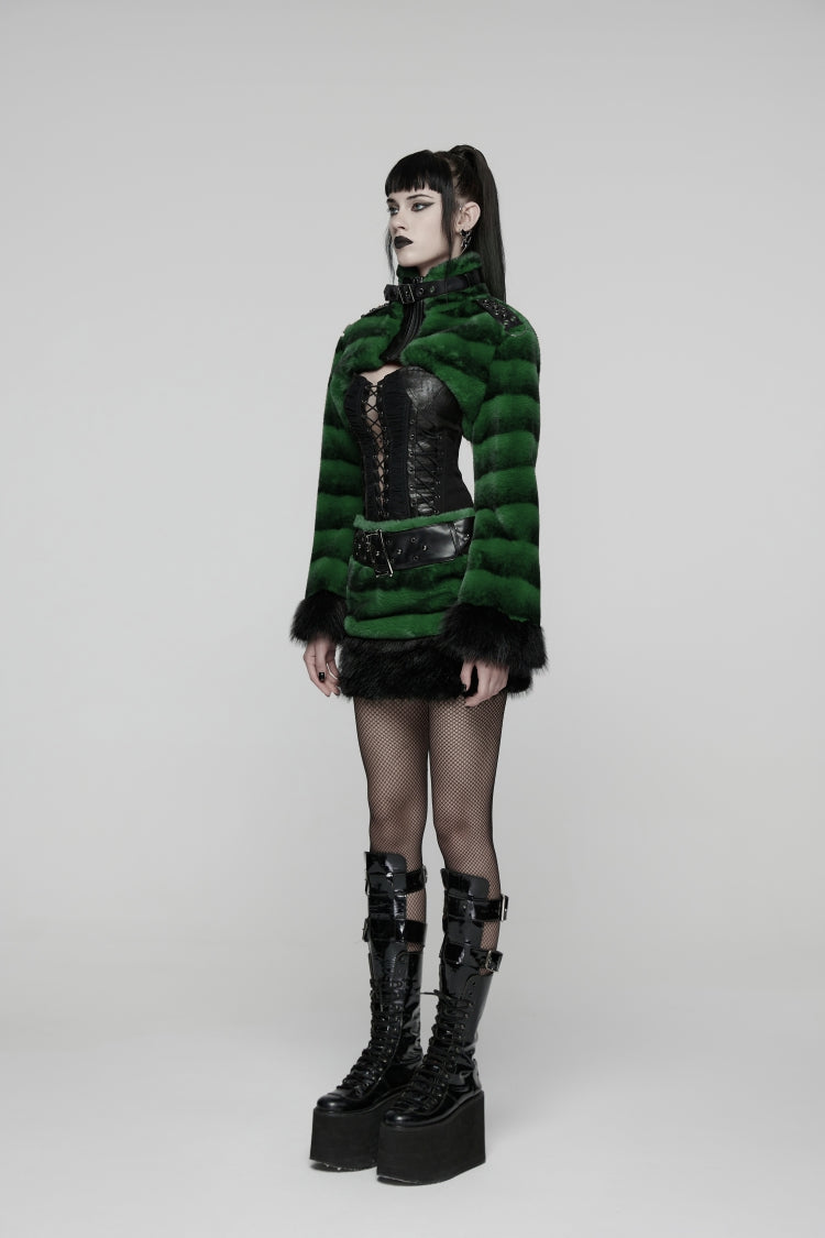 Green Women's Punk Faux Fur Skirt with Belt - Product - 10