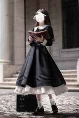 Black [Angelina] Doll Collar Long Sleeves Ruffle Bowknot Classic Vintage Elegant Lolita Dress - Product - 8
