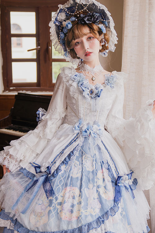 Blue/White Three Dimensional Flower Embroidery Hanayome Long Sleeves Bowknot Multi-Layer Ruffled Sweet Lolita OP Dress - Product - 2