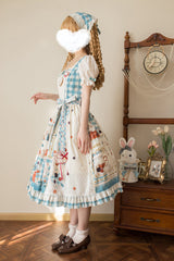 Blue/Green [Tea Party] Short Sleeves Print Ruffle Bowknot Lace Sweet Elegant Lolita Dress - Product - 9
