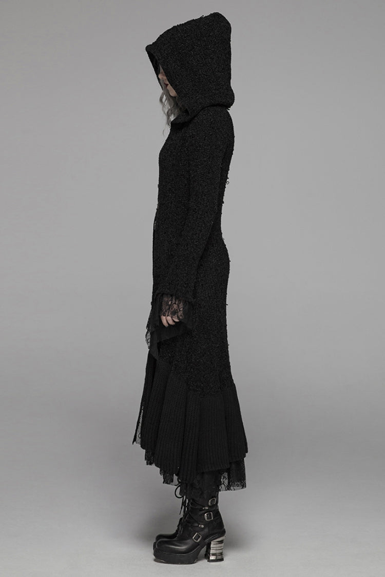 Black Long Sleeves Multi-layer Lace Hooded Women's Gothic Long Coat - Product - 2
