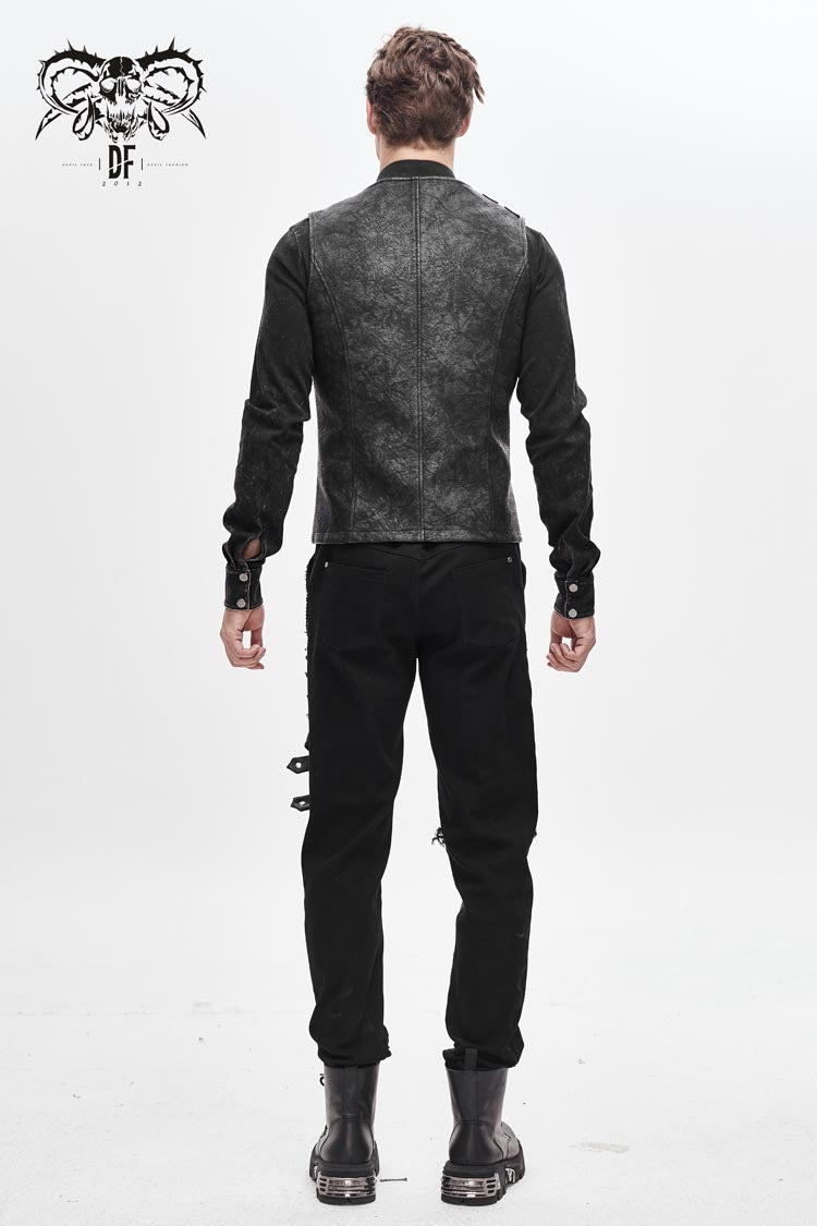 Gray V Neck Fog Flower Shoulder Loop Chest Lace Up Men's Punk Waistcoat - Product - 5
