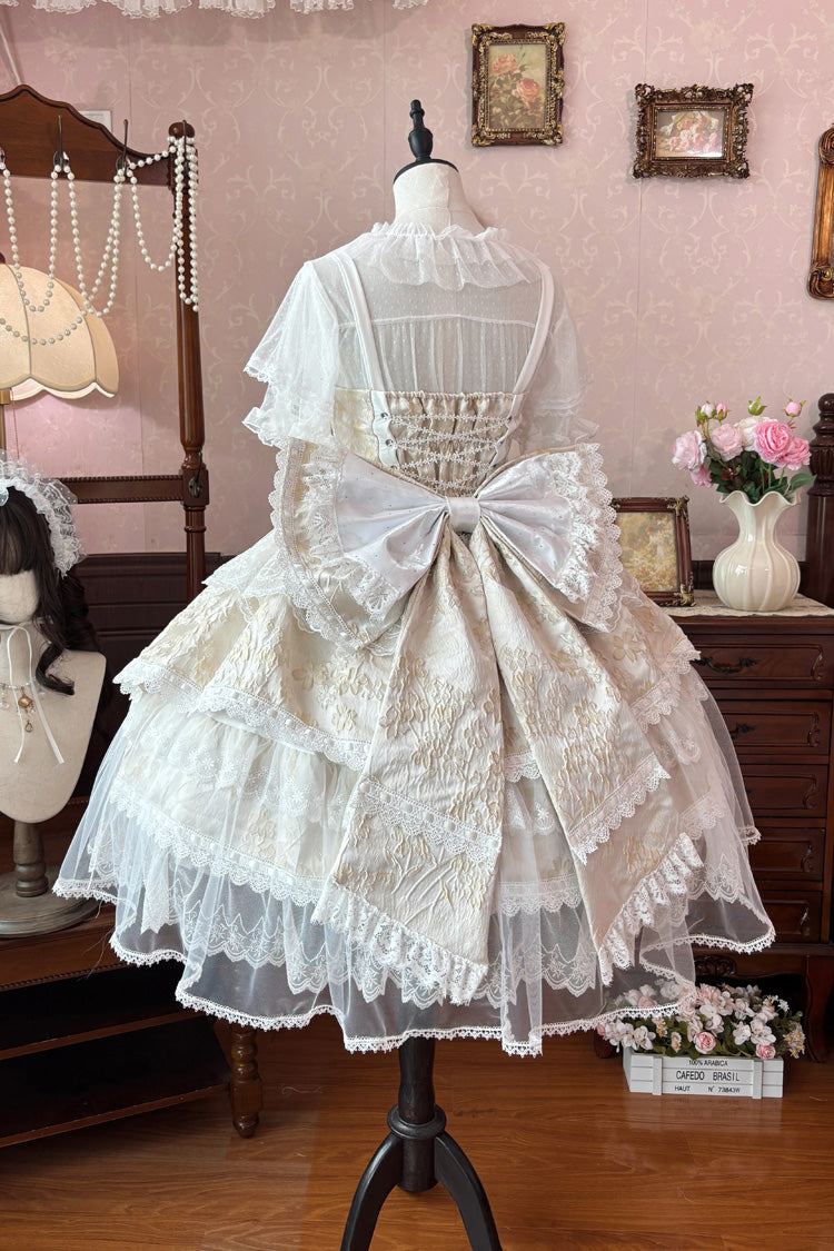 Yellow [Moonlight Woven Flower Box] Square Collar Multi-Layered Ruffled Hanayome Embroidered Bow Lace Sweet Plus Size Lolita Jsk Dress Set - Product - 3