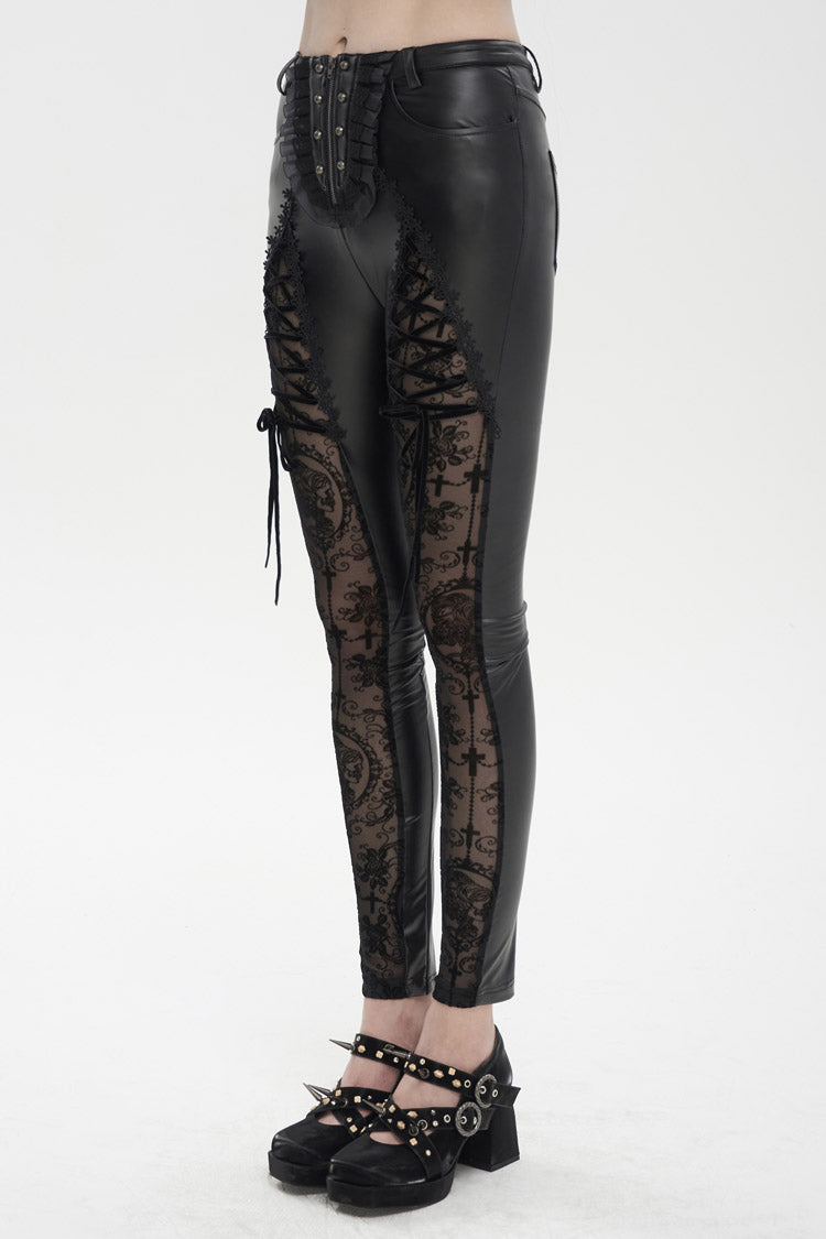 Black Flocked Stretch Slim Thigh Lace String Adjustable Women's Gothic Leggings - Product - 3