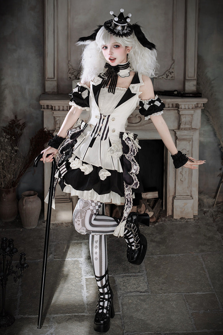 Black/White [Candy Cane] Sleeveless Printed Ruffled Bow Gothic Lolita Skirt Full Set - Product - 2