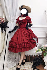 Red Short Puff Sleeves Multi-Layered Ruffle Bowknot Classic Vintage Lolita Dress - Product - 8