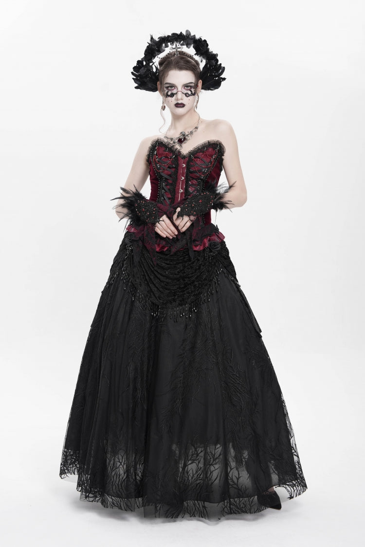 Black Floral Embroidered Beaded Women's Gothic Long Skirt - Product - 5