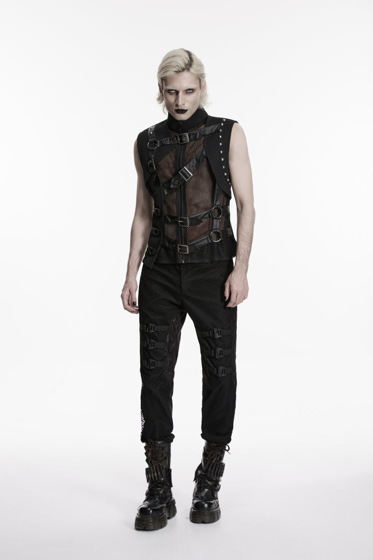 Black Stand Collar Sleeveless Spliced Asymmetric Studded Buckled Eyelet Men's Punk Cool Vest - Product - 2