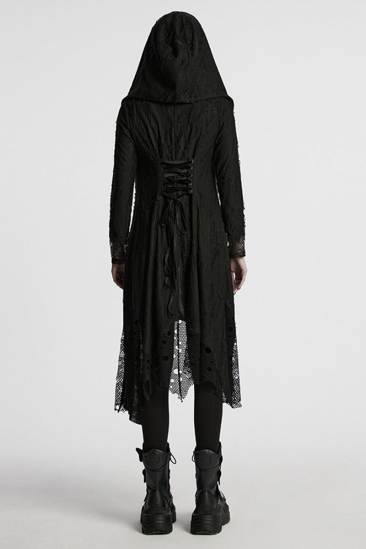 Black Long Sleeves Stitching Hooded Mesh Ripped Women's Gothic Coat - Product - 3