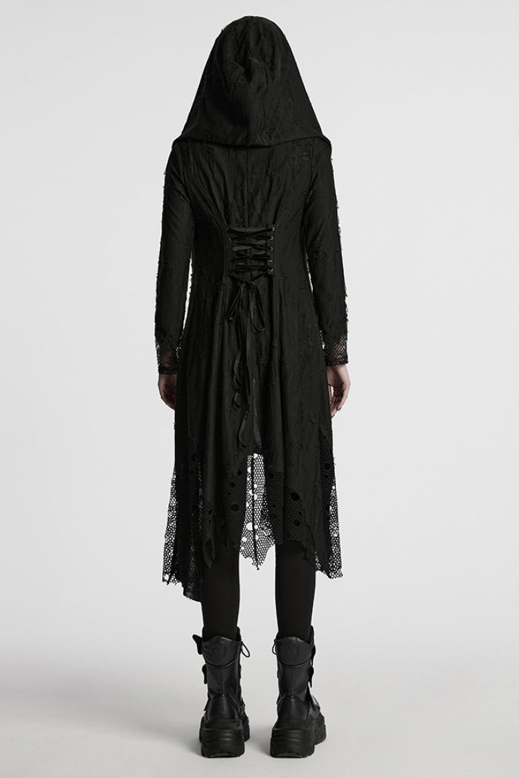 Black Long Sleeves Stitching Hooded Mesh Ripped Women's Gothic Coat - Product - 3