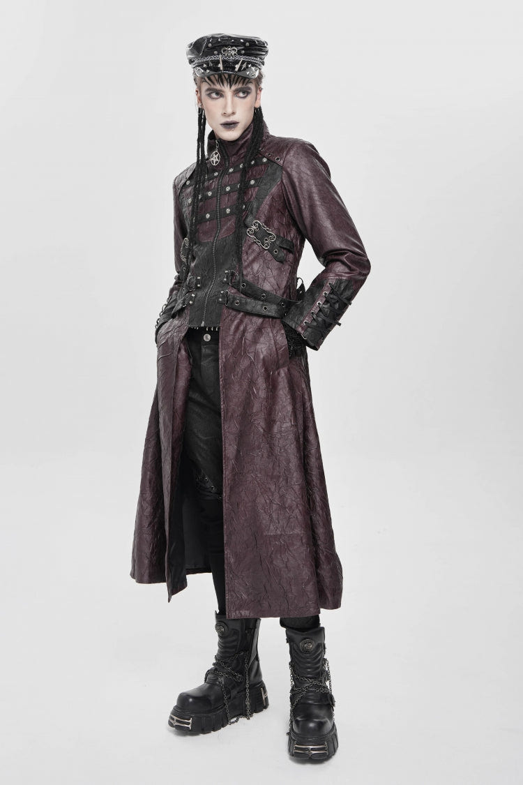 Red Stand Collar Zipper Straps Eyelet Men's Punk Coat - Product - 8