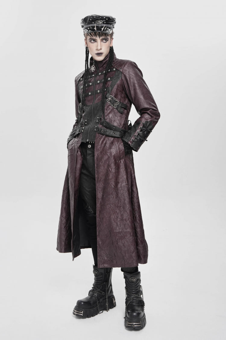 Red Stand Collar Zipper Straps Eyelet Men's Punk Coat - Product - 8